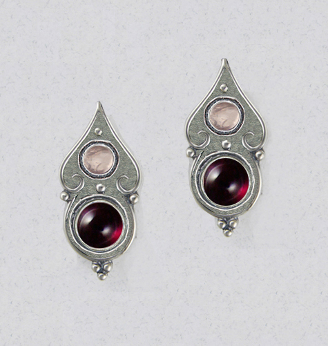 Sterling Silver Gothic Look Post Stud Earrings With Garnet And Rose Quartz